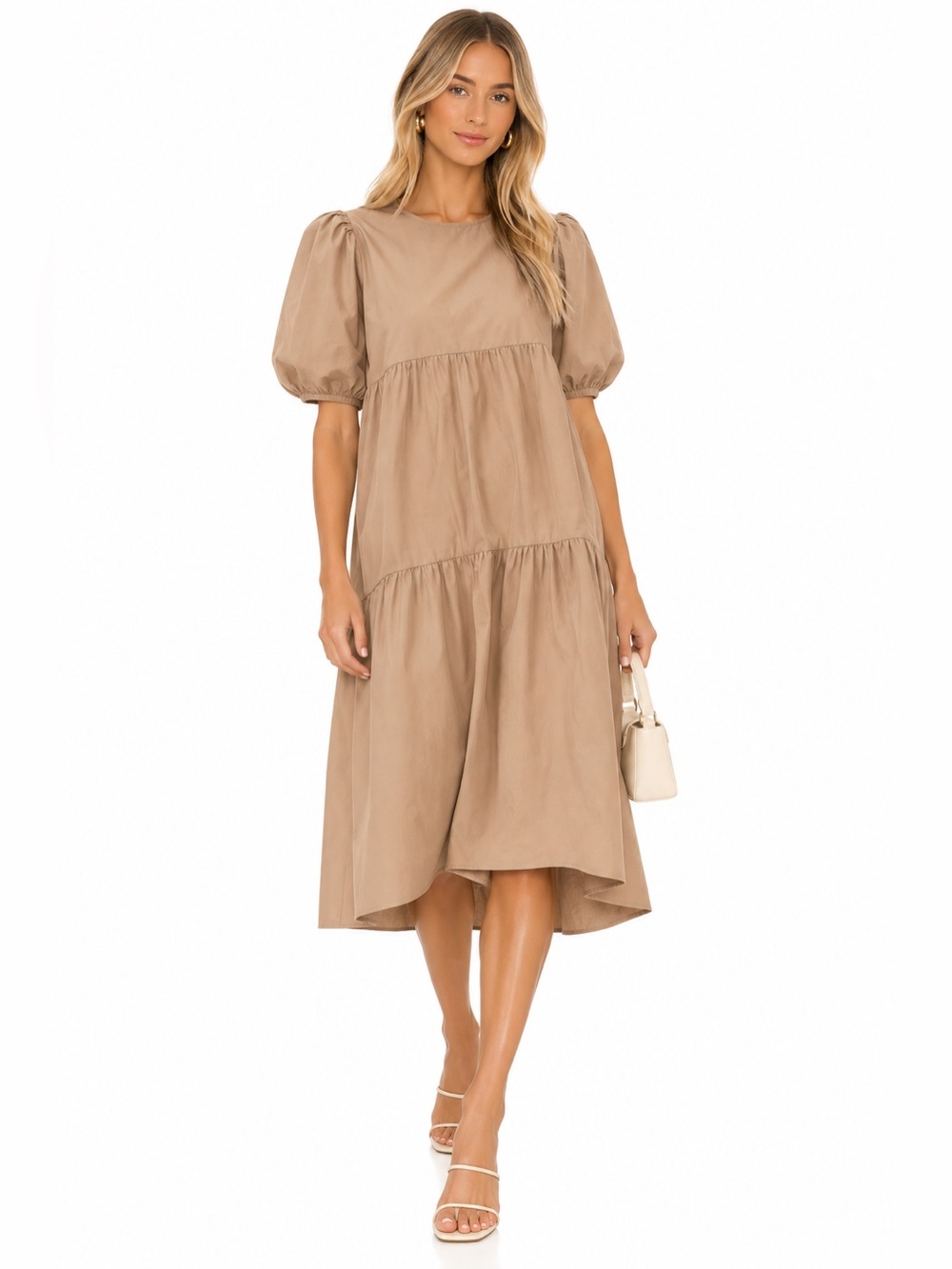 MINKPINK Taupe Puff Sleeve High-Low Tiered Midi Dress